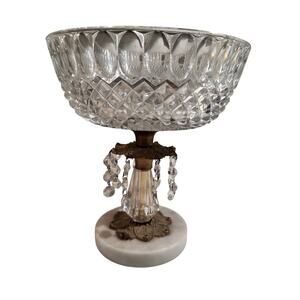 VTG Hollywood Regency Crystal pedestal Bowl W/Prisms Brass Glass Marble Base